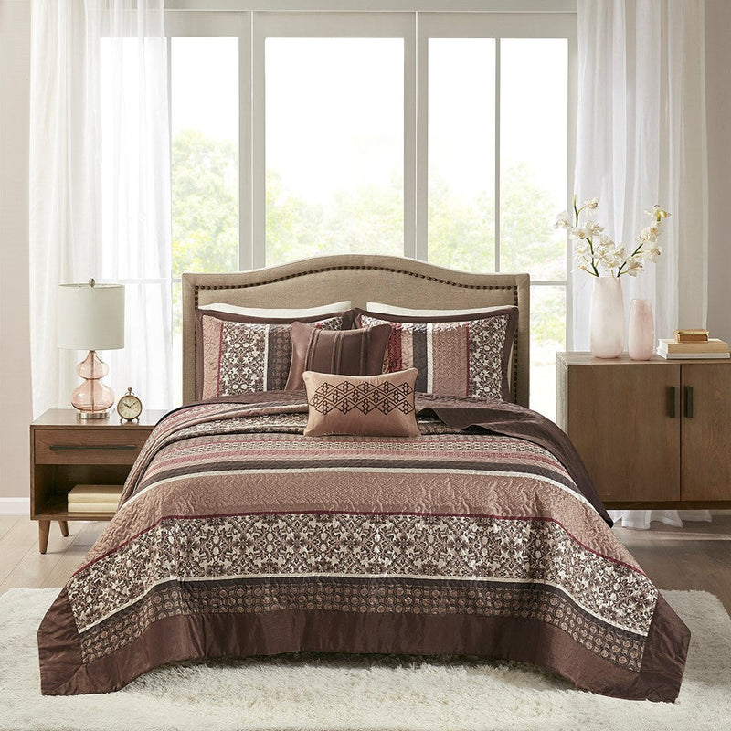 5 Piece Jacquard Quilt Set with Throw Pillows Red Full/Queen