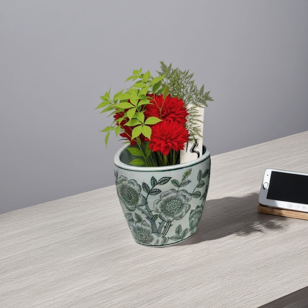 Kerry Accent Planter Pot Set of 4, Green Floral Pattern, White Ceramic Media 2