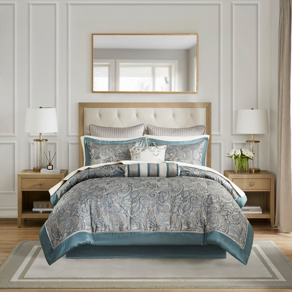 12 Piece Comforter Set with Cotton Bed Sheets Teal Queen Media 10