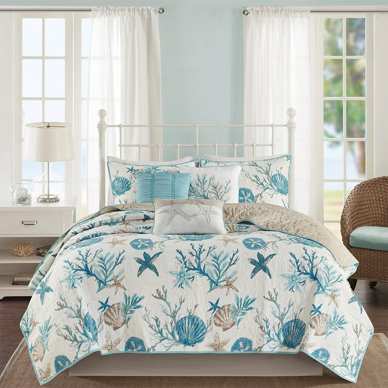 6 Piece Cotton Sateen Quilt Set with Throw Pillows Aqua King/Cal King