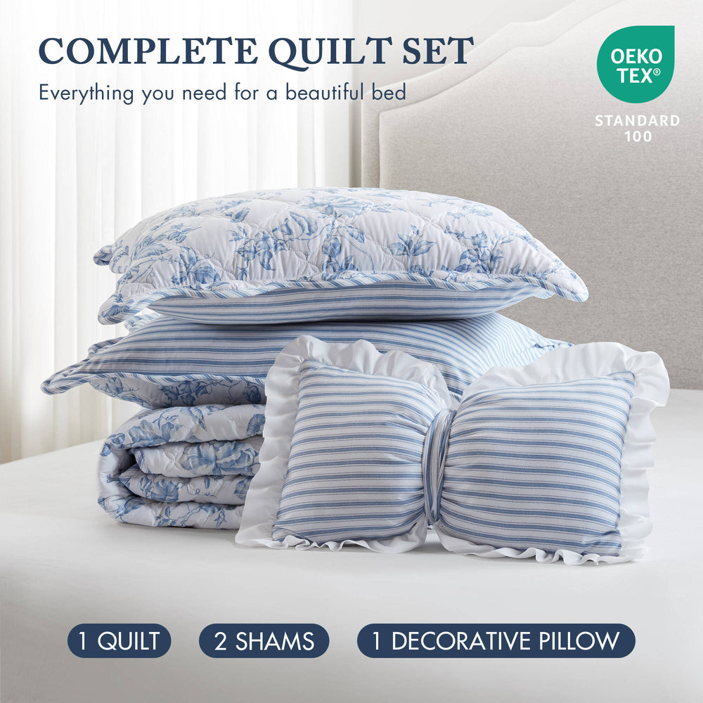 4 Pieces Full/Queen  Quilt Set with Decorative Pillow,Blue Media 2
