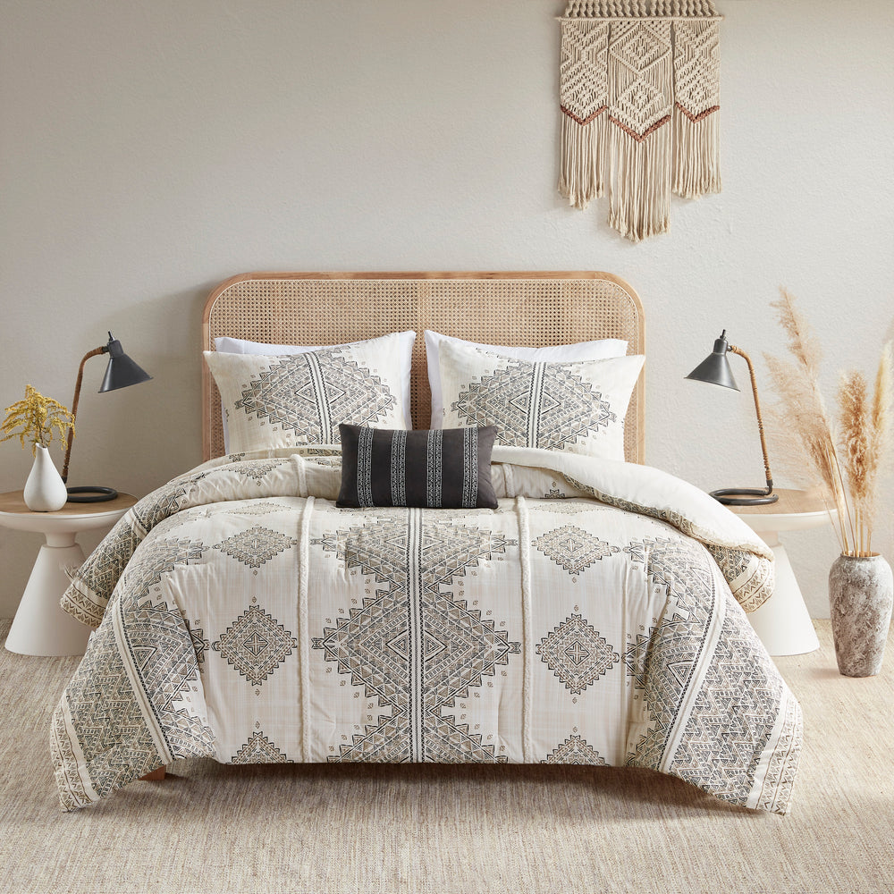 4 Piece Printed Comforter Set with Throw Pillow Black/Ivory Full/Queen Media 11