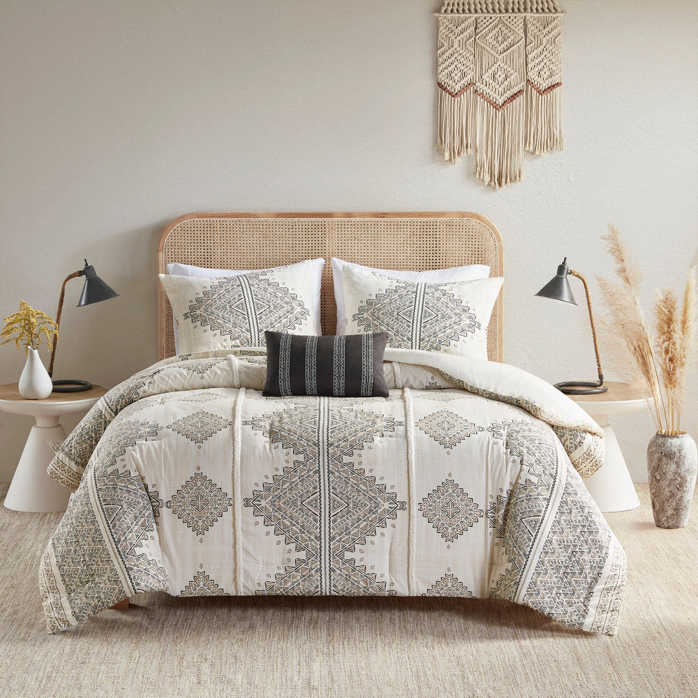 4 Piece Printed Comforter Set with Throw Pillow Black/Ivory Full/Queen Media 11