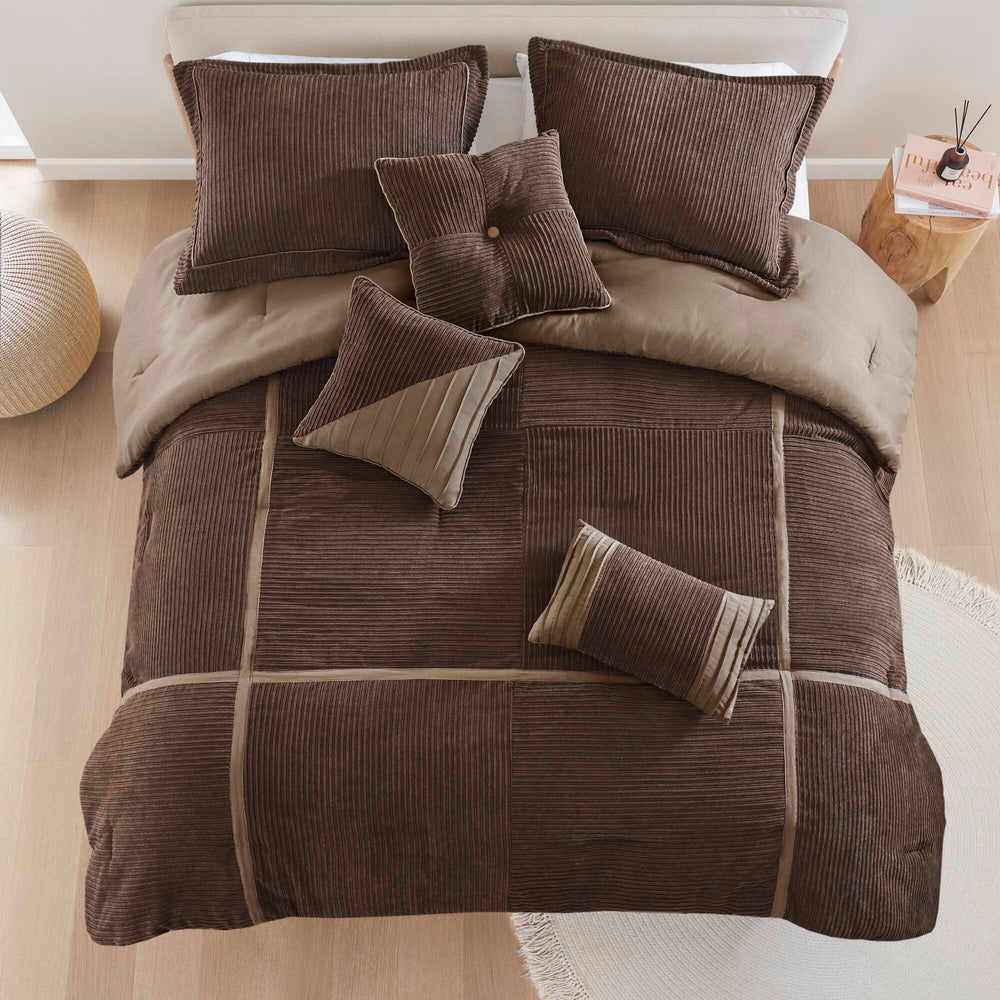 7 Piece Micro Corduroy Comforter Set Brown King Media 3