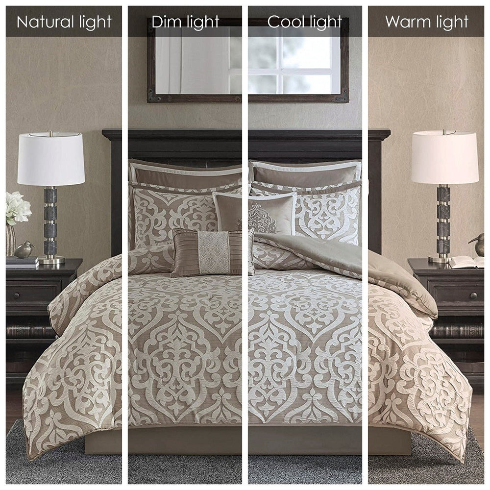 8 Piece Jacquard Comforter Set Tan/Ivory Cal King Media 14