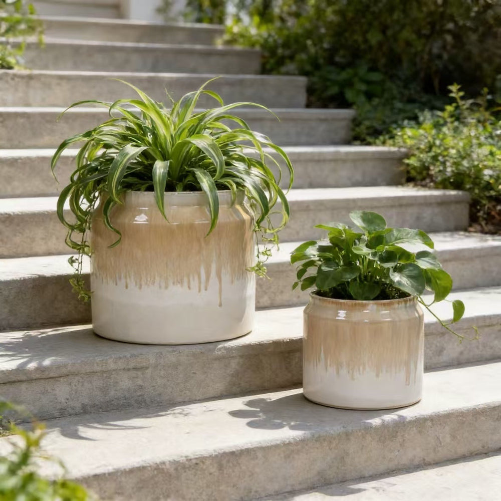 Handmade Non-Porous Ceramic Planter Set of 2, 6' & 8' Diameter, Beige Drip Glaze, for Aquatic Plants Indoor/Outdoor Shelf & Desk Use, Breathable Clay Media 1