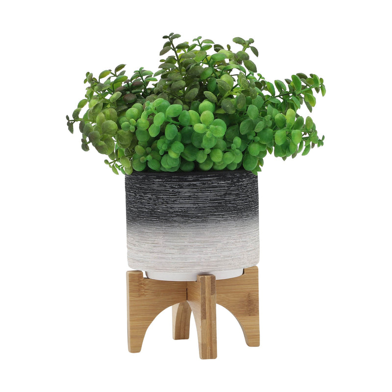 CERAMIC 5' PLANTER ON WOODEN STAND, GRAY