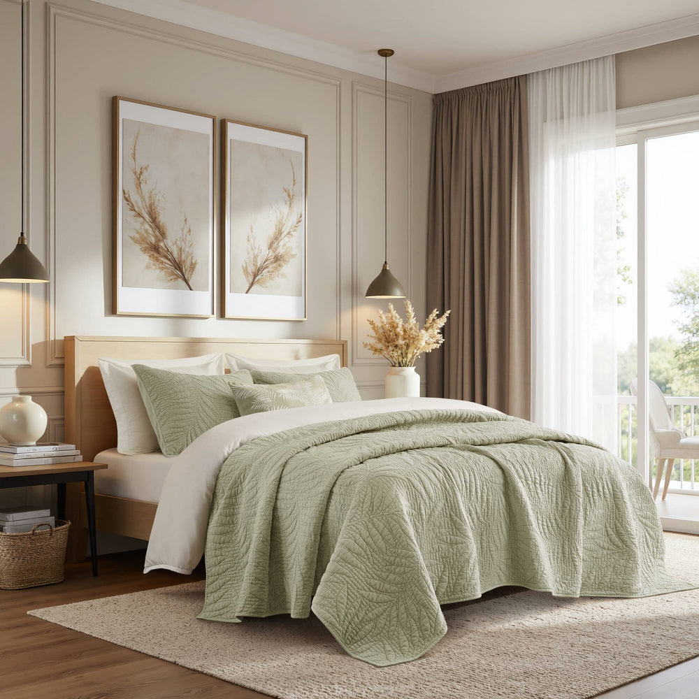 King 3 Piece Cotton Quilt Set Sage Media 1