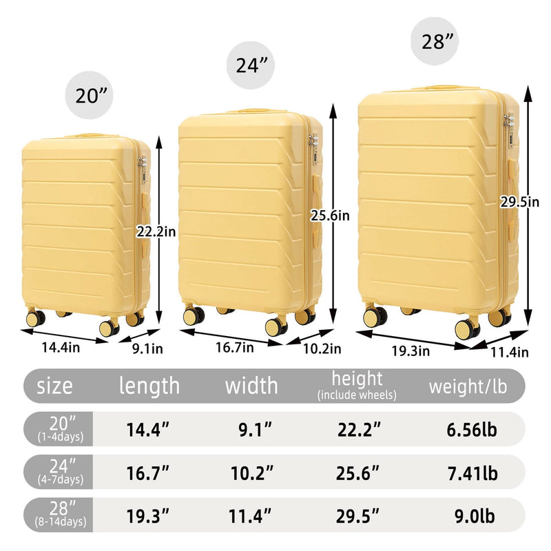ABS Luggage Set Spinner Wheel 3-Piece Yellow Waterproof Travel Case 20 24 28 Inch