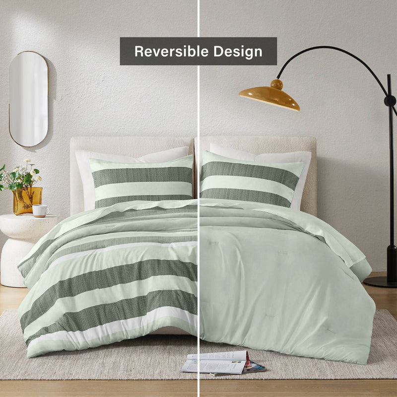 3-Piece King/Cal King Stripe Textured Print Comforter Set,Sage
