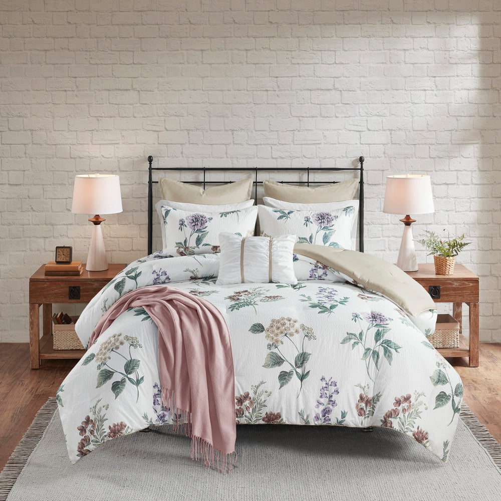 7 Piece Printed Seersucker Comforter Set with Throw Blanket Taupe/Blush Full/Queen Media 1