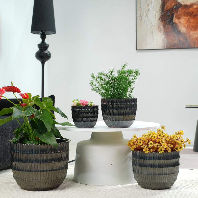 Handmade Matte Metallic Charcoal Gradient Glaze Ceramic Planter Set of 4, 7/9/12/14 Inch, Horizontal Grooves, Indoor & Outdoor Herb Succulent Pots, Breathable Clay with Drainage Holes