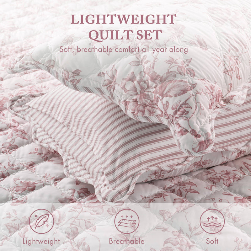3 Pieces Twin/Twin XL Quilt Set with Decorative Pillow,Pink