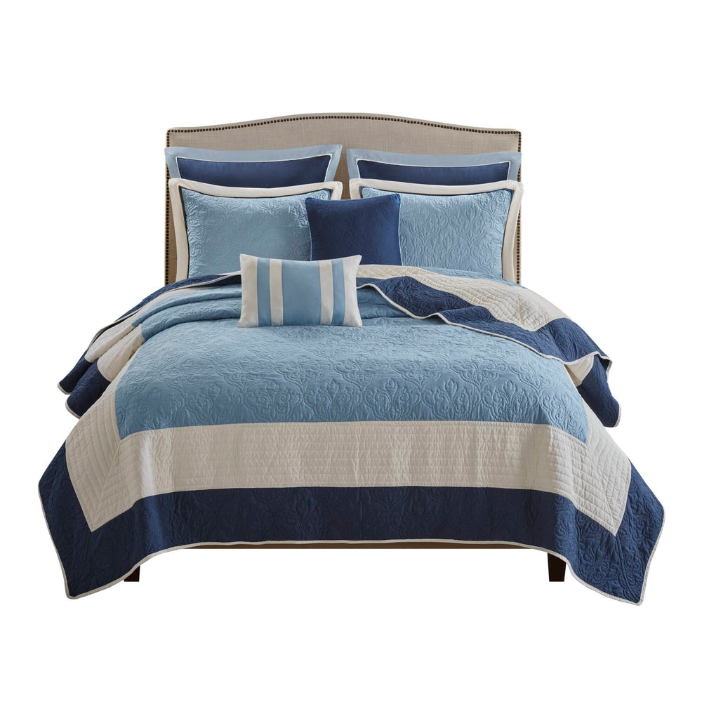 7-Piece King/Cal King 7 Piece Quilt Set with Euro Shams and Throw Pillows,Navy Media 3