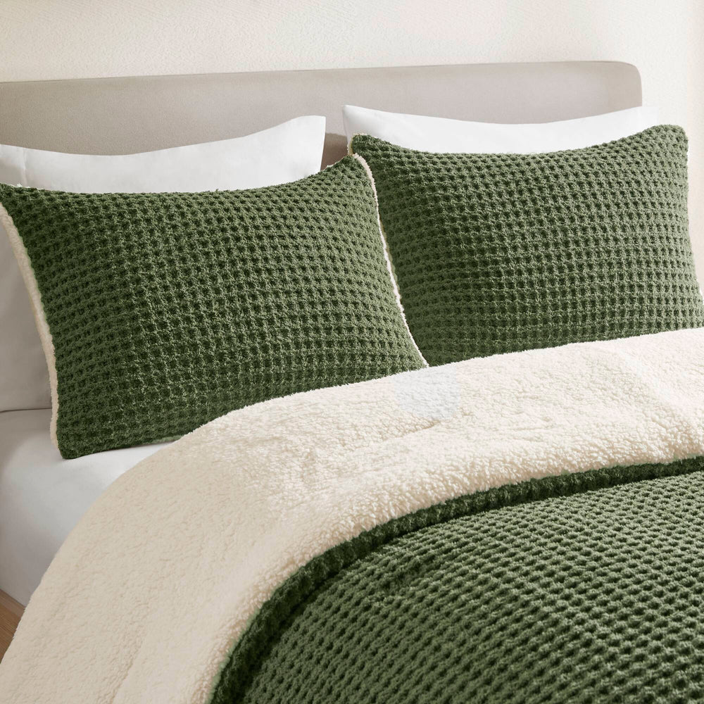 2 Pieces Twin Waffle Knit Chenille Comforter Set,Olive Media 13