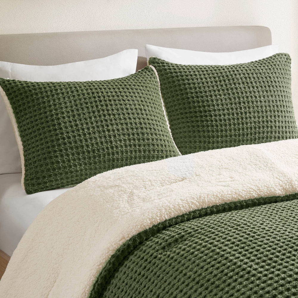 3 Pieces Full/Queen Waffle Knit Chenille Comforter Set,Olive Media 12