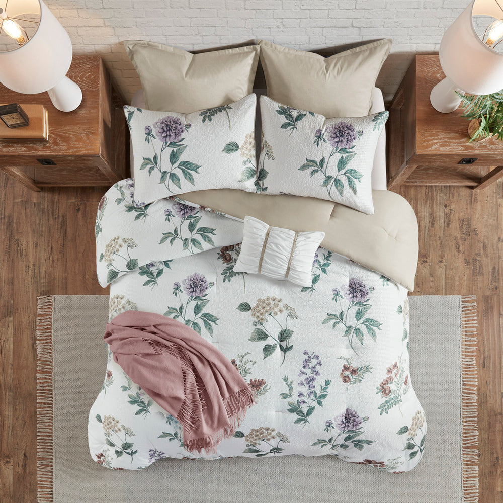 7 Piece Printed Seersucker Comforter Set with Throw Blanket Taupe/Blush Full/Queen Media 3