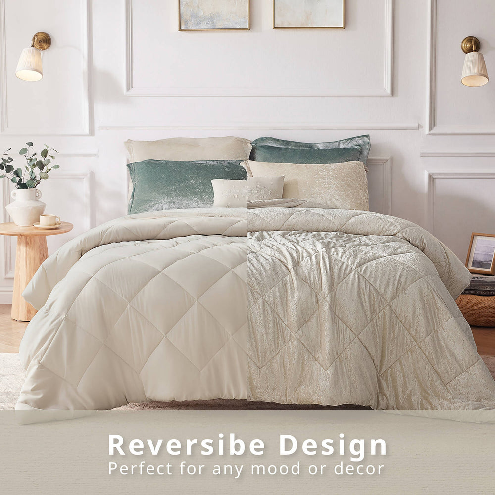 4 PCS King/Cal King Velvet Duvet Cover Set with Throw Pillow Champagne Media 16