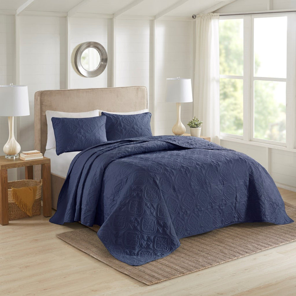 3 Piece Reversible Bedspread Set Navy King/Cal King Media 5