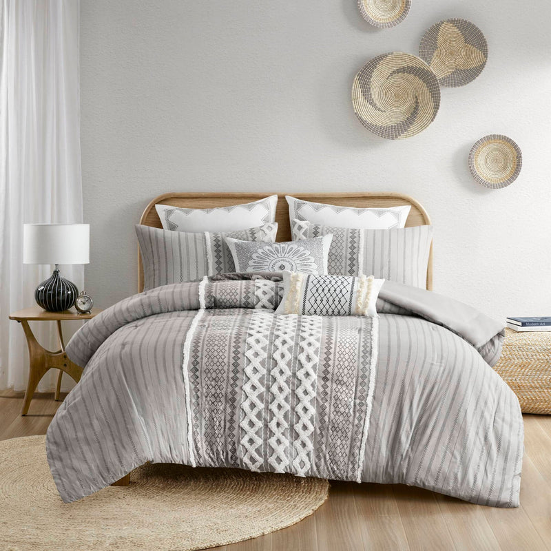 Cotton Printed Comforter Set with Chenille Gray King/Cal King