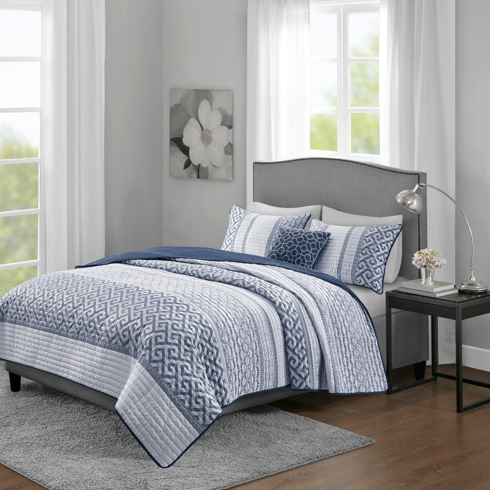 4 Piece Jacquard Quilt Set with Throw Pillow Navy Full/Queen Media 1