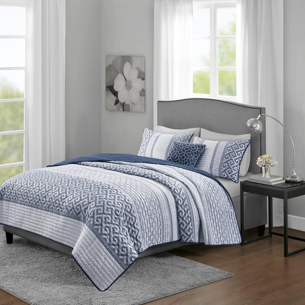 4 Piece Jacquard Quilt Set with Throw Pillow Navy Full/Queen Media 1