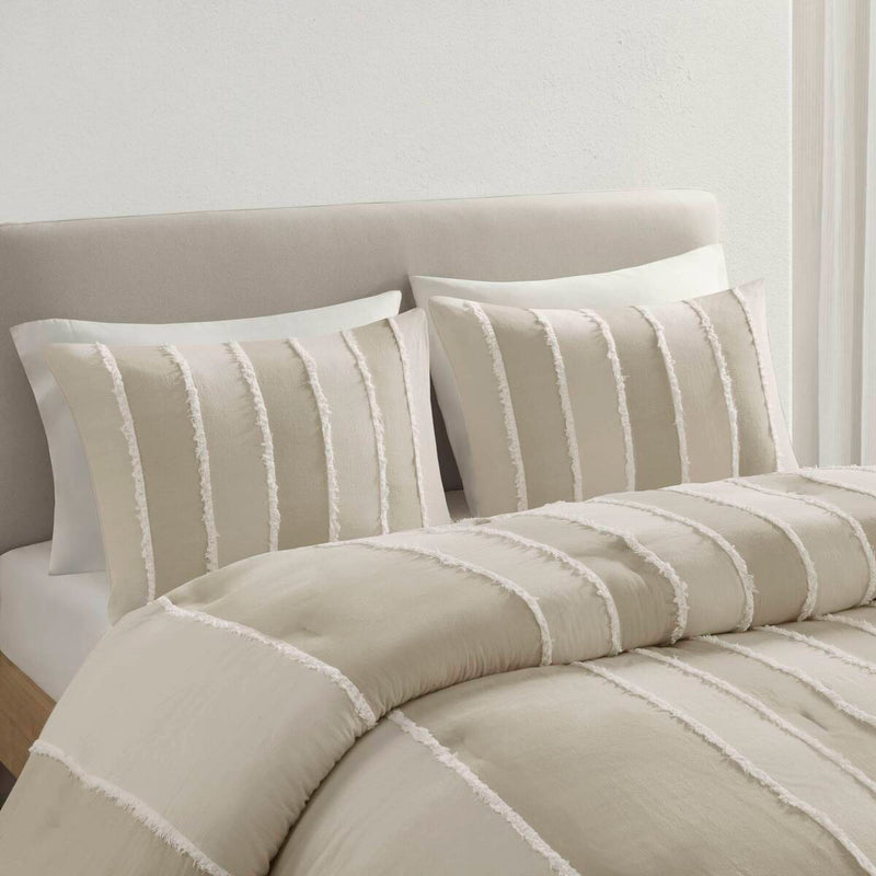 3 Piece Striped Cotton Comforter Set Taupe King/Cal King