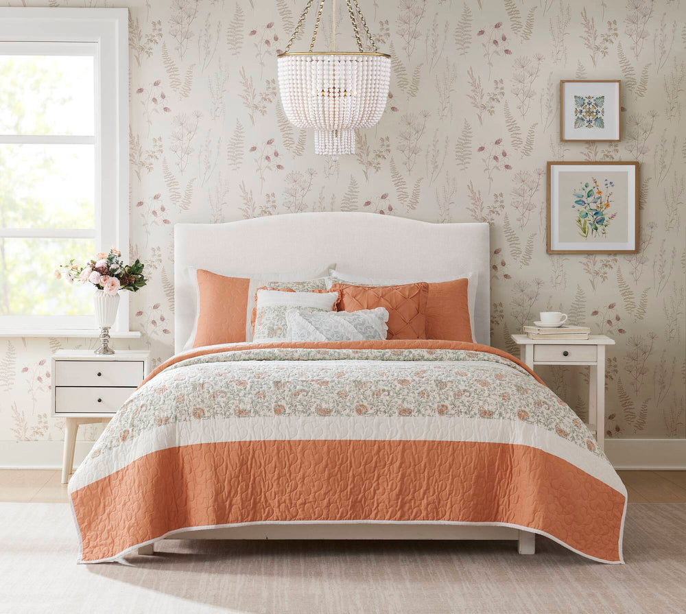6 Piece Cotton Percale Quilt Set with Throw Pillows Coral King/Cal King Media 16