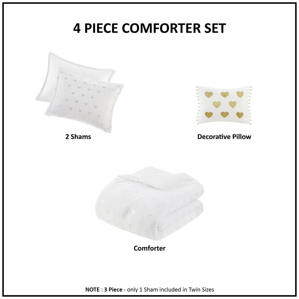 4 PCS Full/Queen Metallic Printed Plush Comforter Set with Throw Pillow White/Gold Media 4