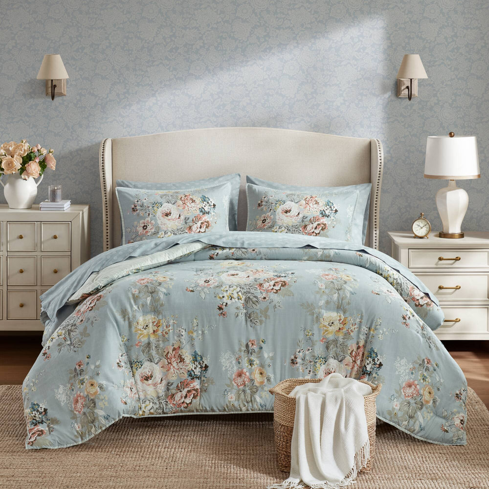 7-Piece Queen 7 Piece Vin -inspired Collection floral print,Soft Blue Media 21