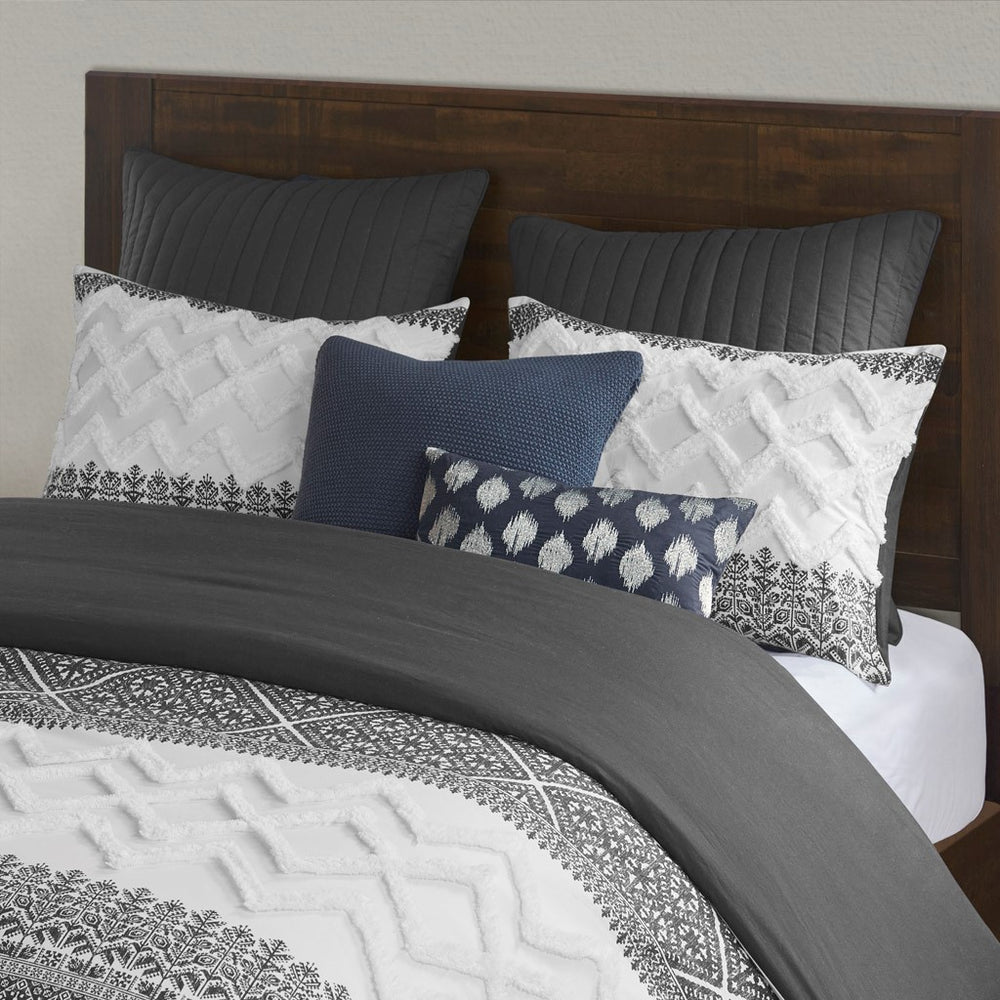 3 Piece Cotton Comforter Set with Chenille Tufting Gray Full/Queen Media 19