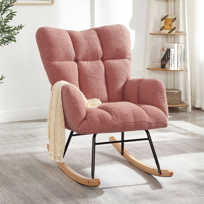 Glider Chair Teddy Fabric Pink With Sturdy Metal Frame For Living Room Comfort & Rocking Style