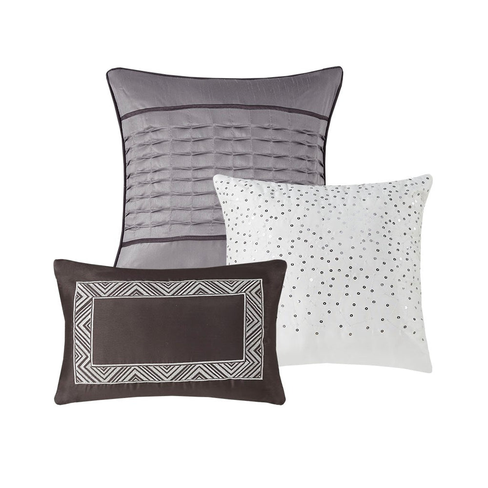 6 Piece Reversible Jacquard Quilt Set with Throw Pillows Grey/Taupe Full/Queen Media 17