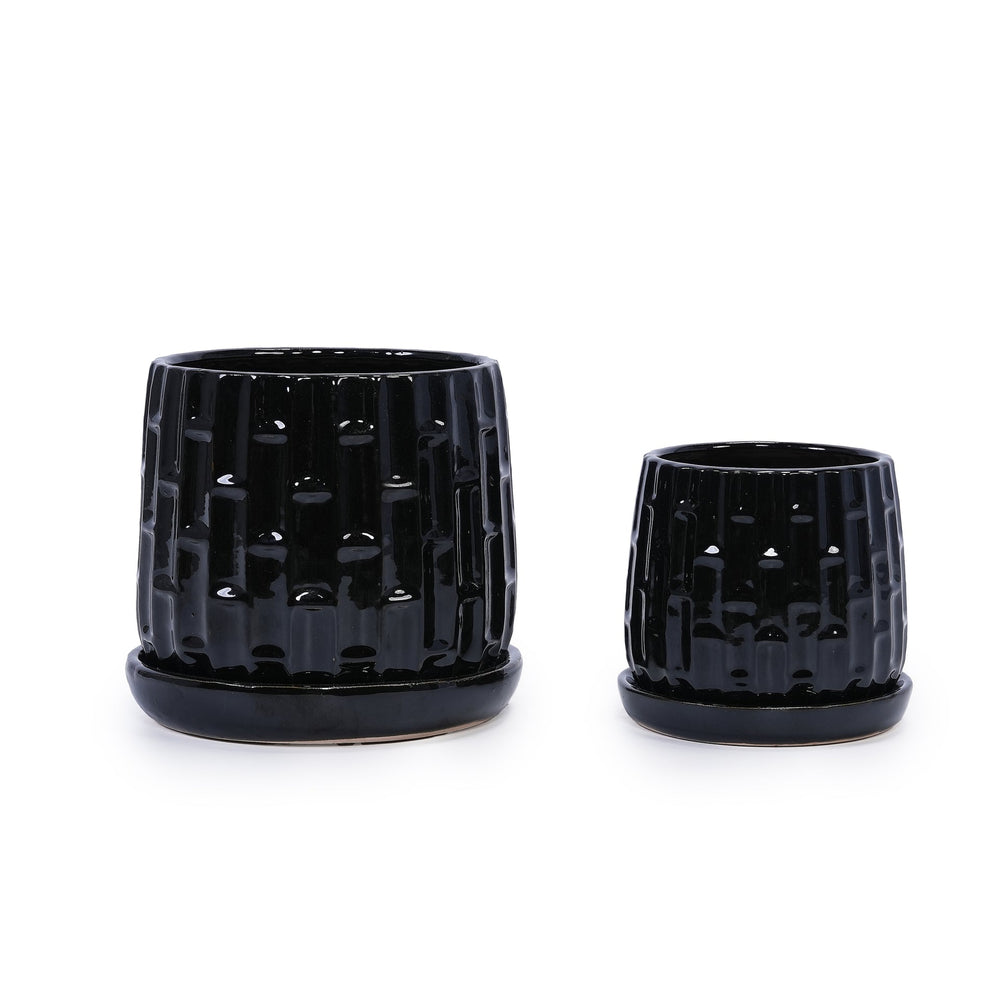 Handmade Ceramic Flower Pot with Groove Pattern, 6 & 8 Inch Diameter, Black Color for Orchids, Indoor/Outdoor Use on Windowsill & Bookshelf, Breathable Clay with Saucer Media 3