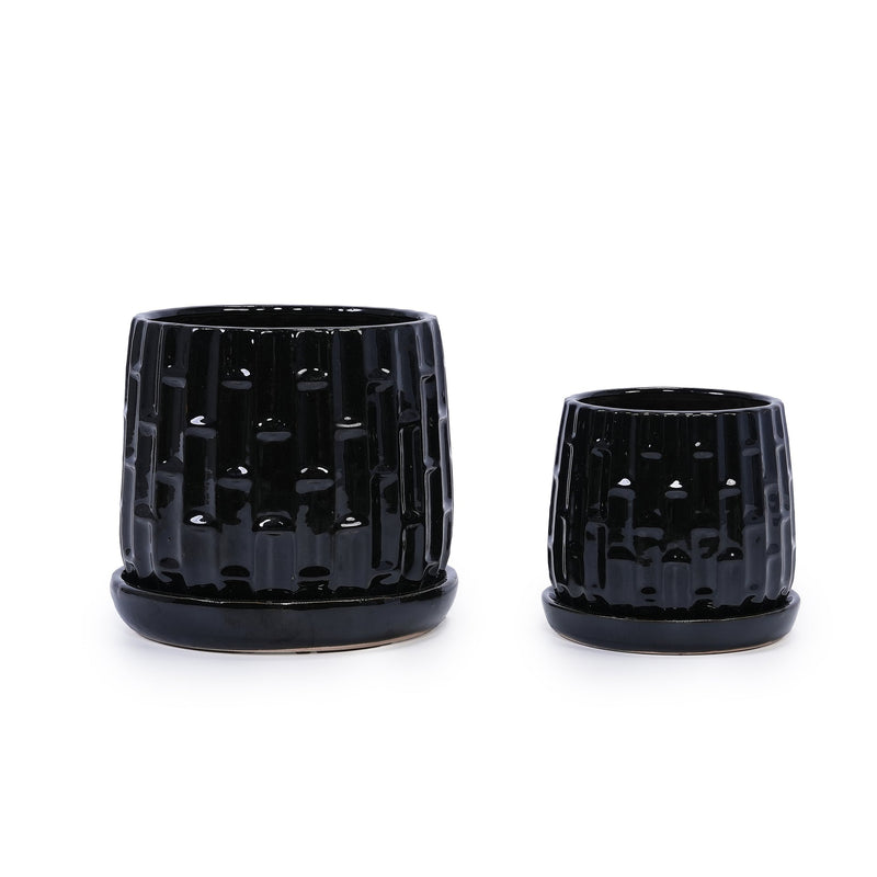 Handmade Ceramic Flower Pot with Groove Pattern, 6 & 8 Inch Diameter, Black Color for Orchids, Indoor/Outdoor Use on Windowsill & Bookshelf, Breathable Clay with Saucer