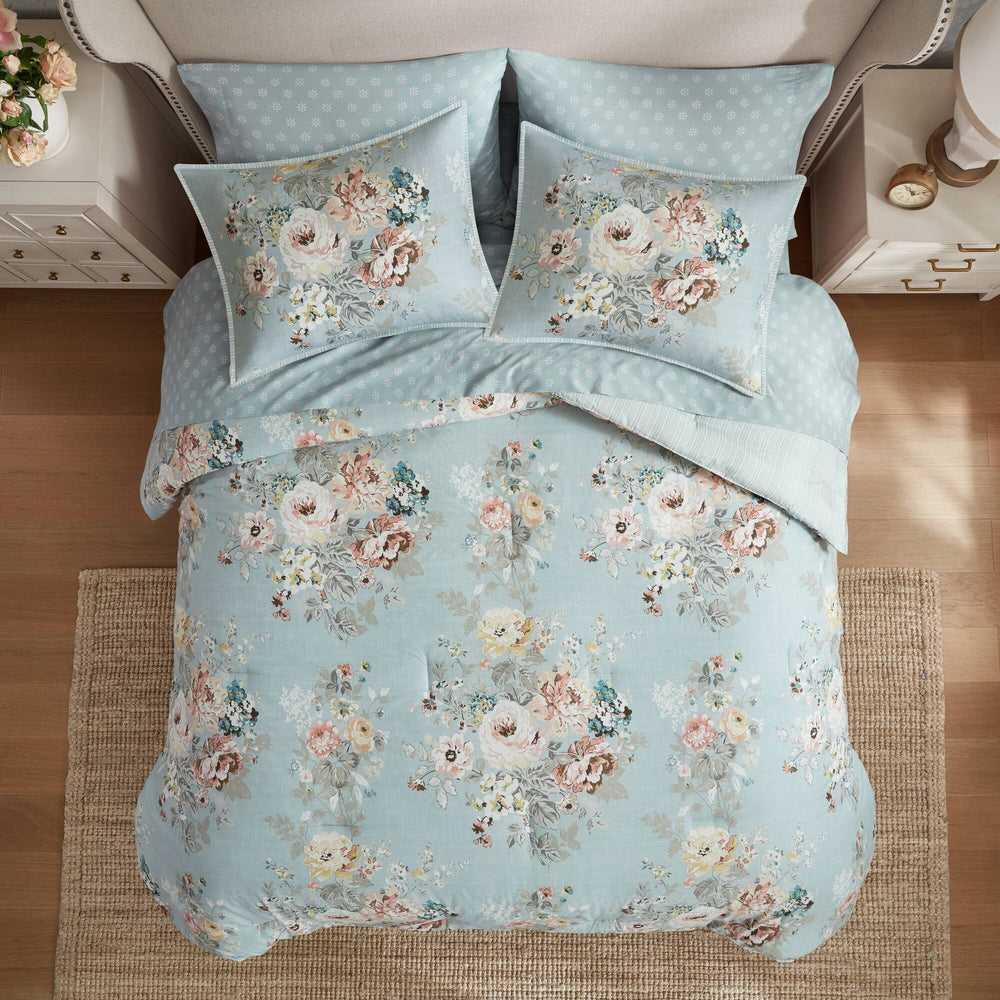7-Piece Queen 7 Piece Vin -inspired Collection floral print,Soft Blue Media 19