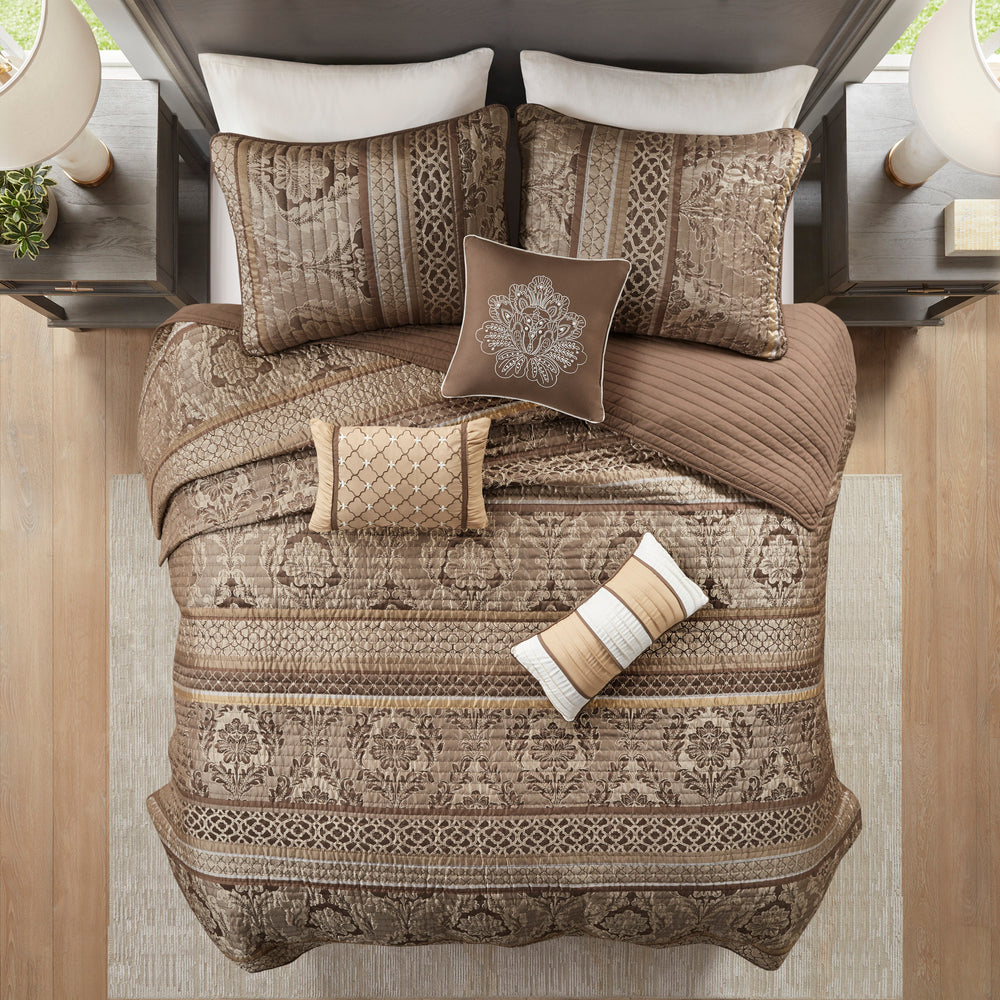 6 Piece Jacquard Quilt Set with Throw Pillows Brown/Gold King/Cal King Media 12