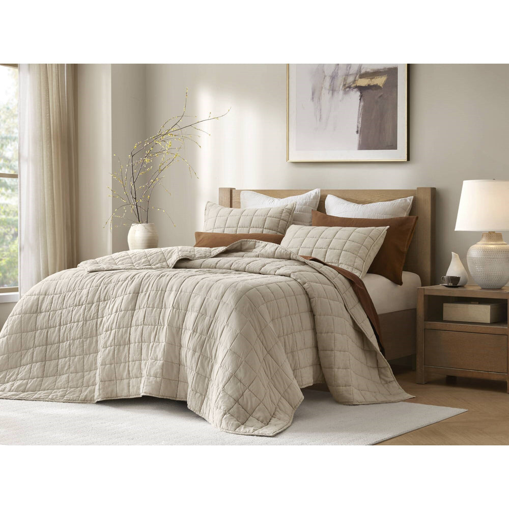 3-Piece Full/Queen Linen Garment Washed Quilt Set,Linen Media 9