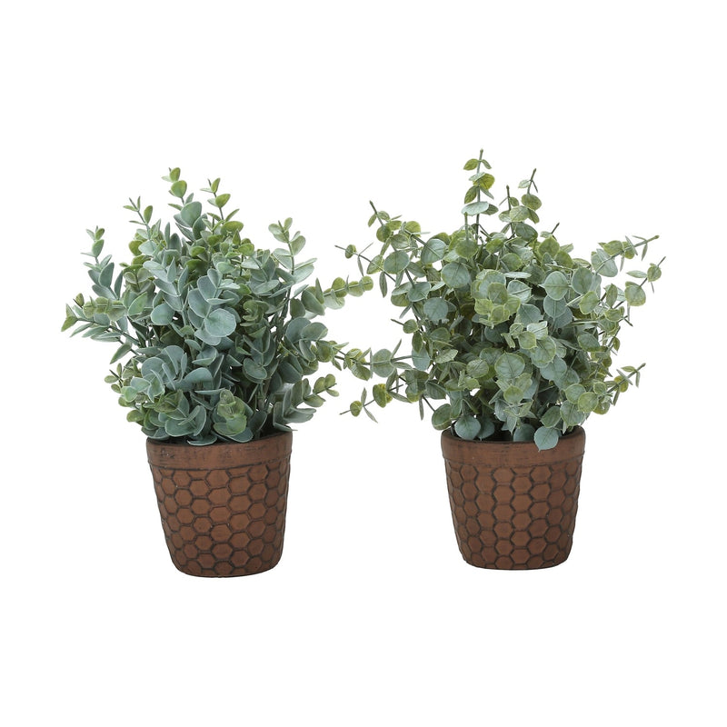 Artificial Eucalyptus Grass, 13' Tall, Green Leaves in Brown Cement Pots, Set of 2, Indoor Decorative Faux Plants, Plastic, Table Top