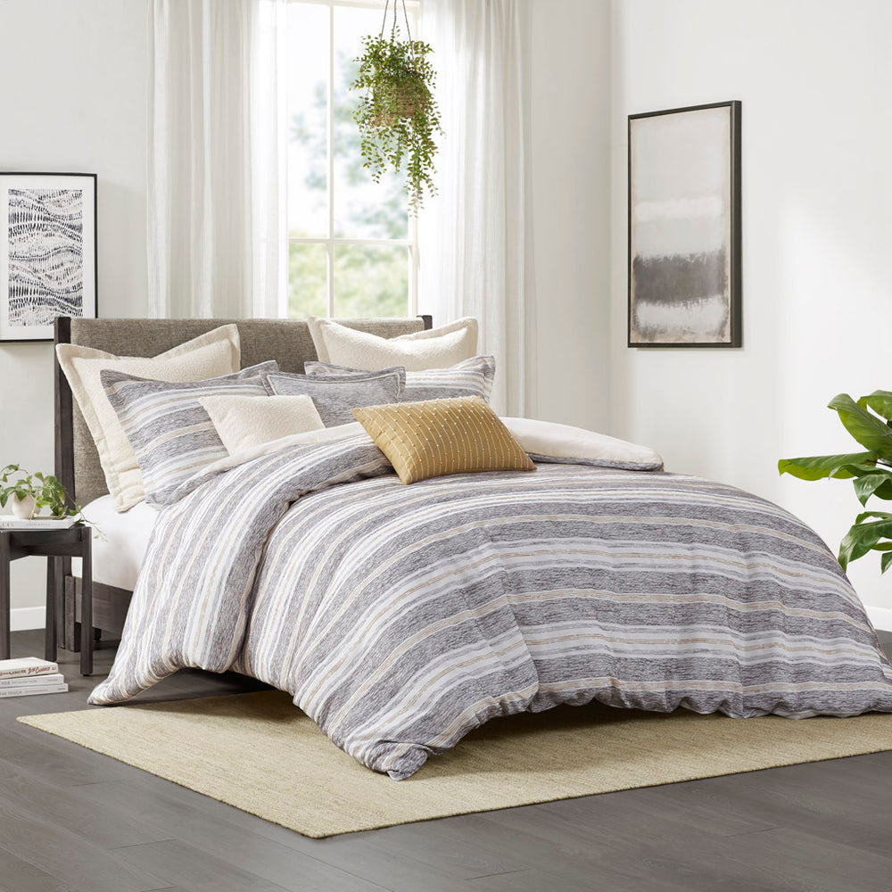 Oversized Chenille Jacquard Striped Comforter Set with Euro Shams and Throw Pillows Media 1
