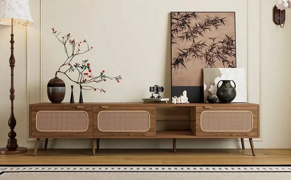 TV Stand Walnut Wood & Glass Storage Mid-Century Entertainment Console Media 23