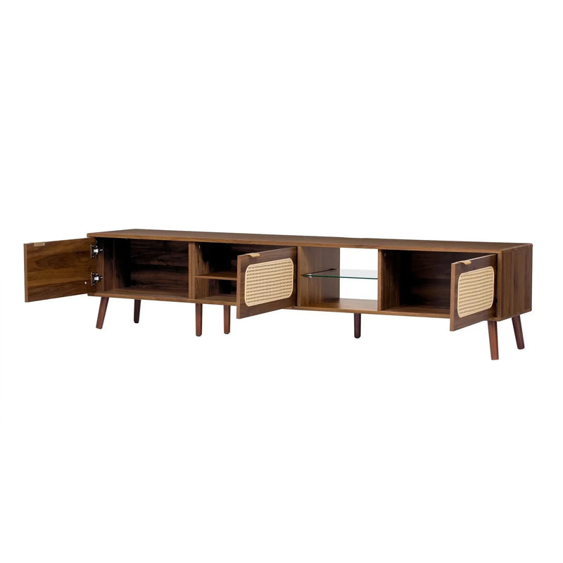 TV Stand Walnut Wood & Glass Storage Mid-Century Entertainment Console
