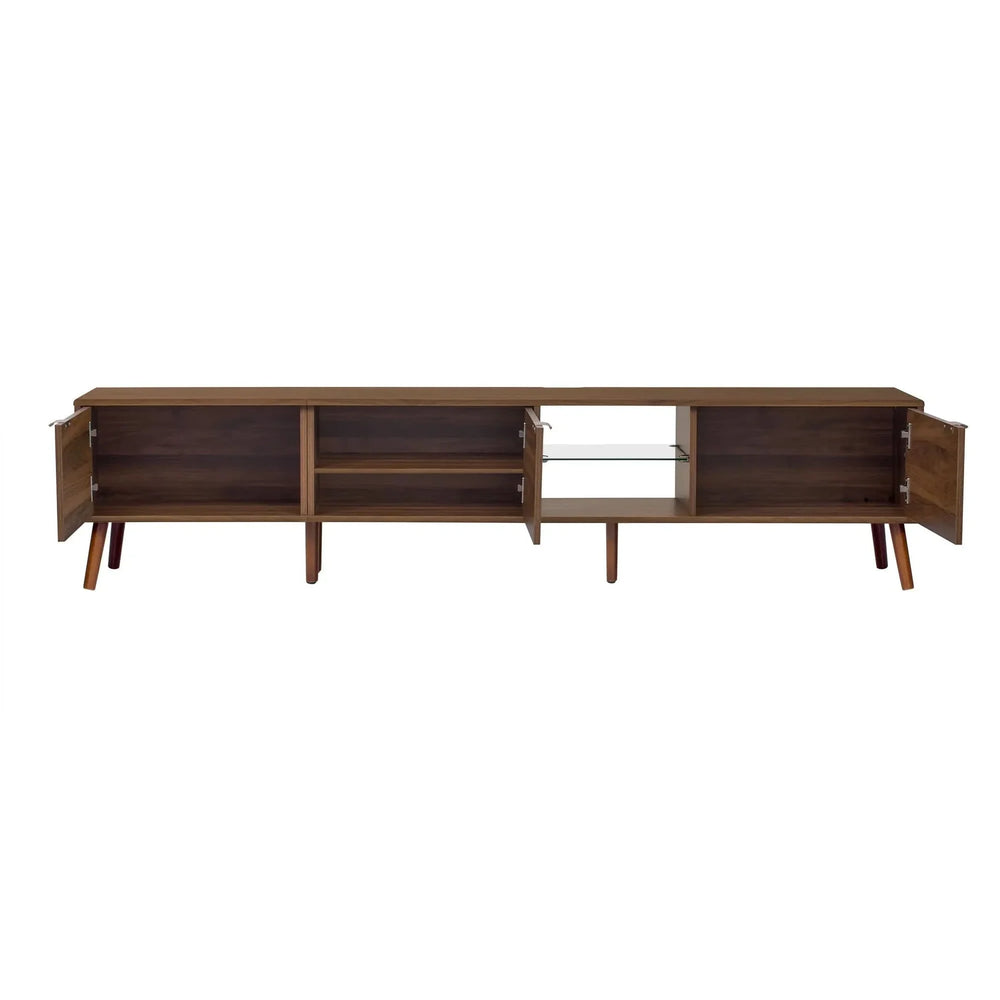 TV Stand Walnut Wood & Glass Storage Mid-Century Entertainment Console Media 12