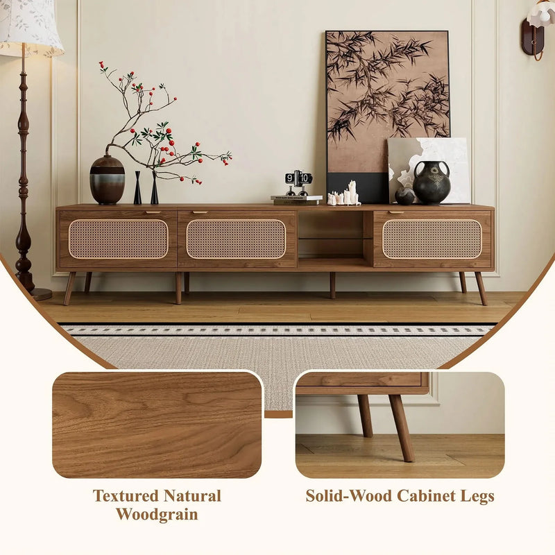 TV Stand Walnut Wood & Glass Storage Mid-Century Entertainment Console