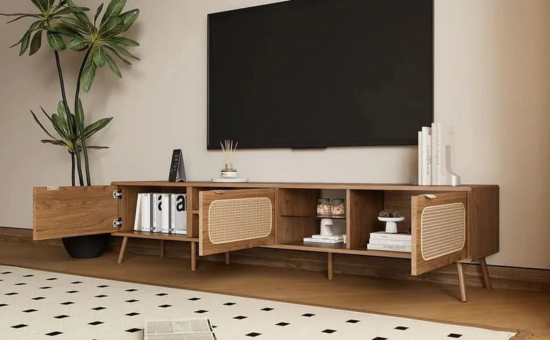 TV Stand Walnut Wood & Glass Storage Mid-Century Entertainment Console