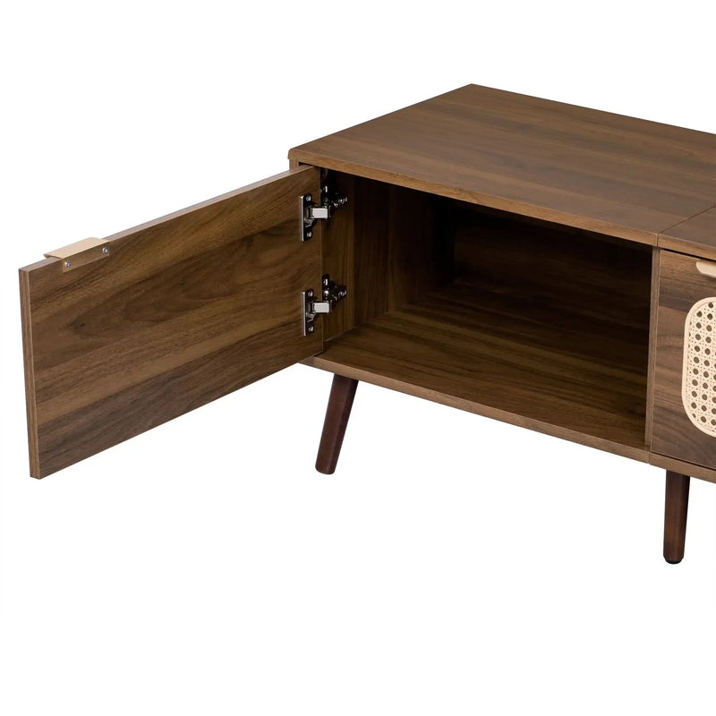 TV Stand Walnut Wood & Glass Storage Mid-Century Entertainment Console