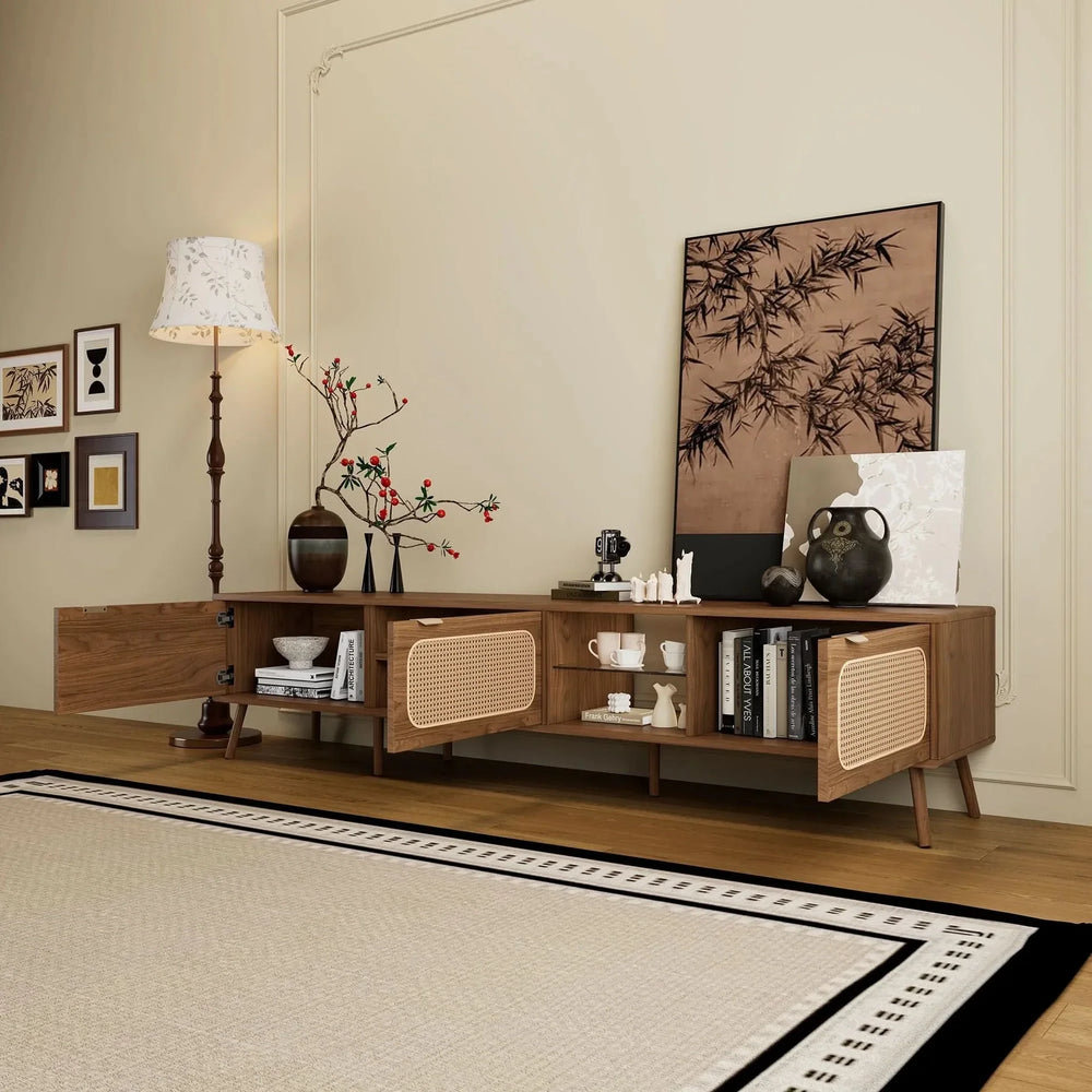 TV Stand Walnut Wood & Glass Storage Mid-Century Entertainment Console Media 4