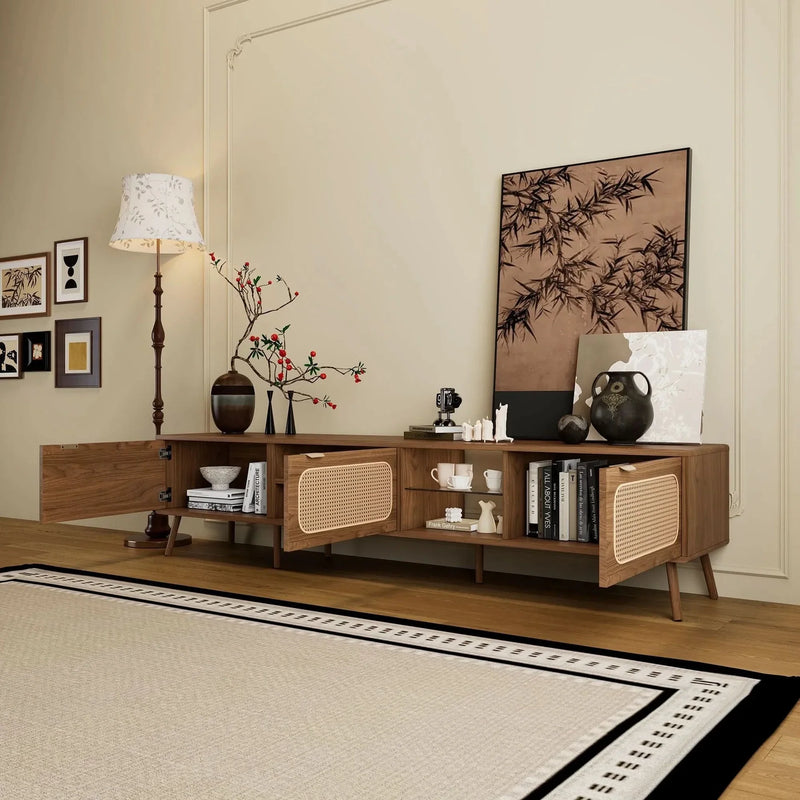 TV Stand Walnut Wood & Glass Storage Mid-Century Entertainment Console