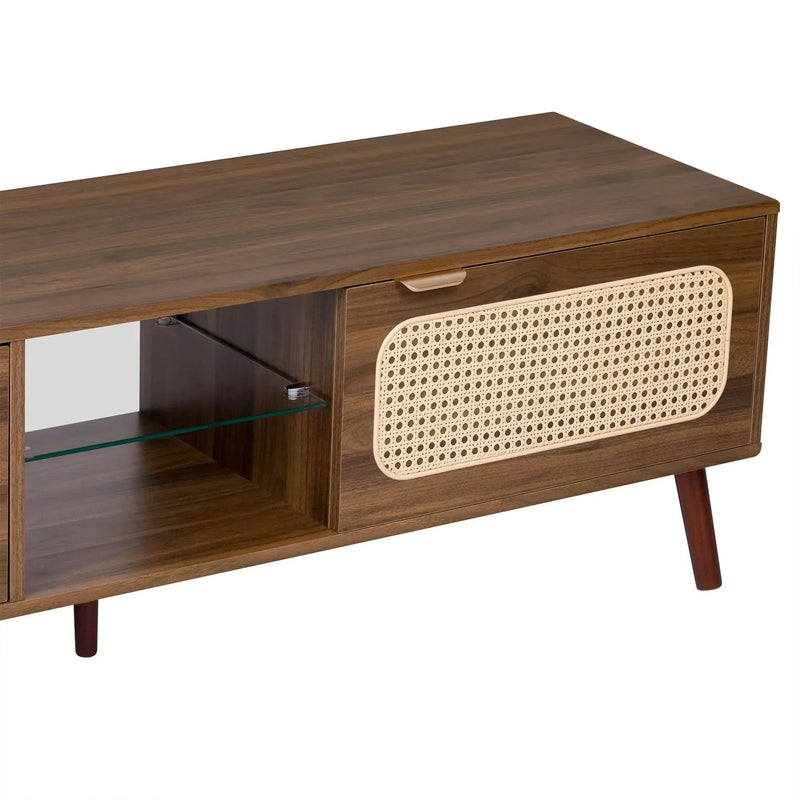 TV Stand Walnut Wood & Glass Storage Mid-Century Entertainment Console