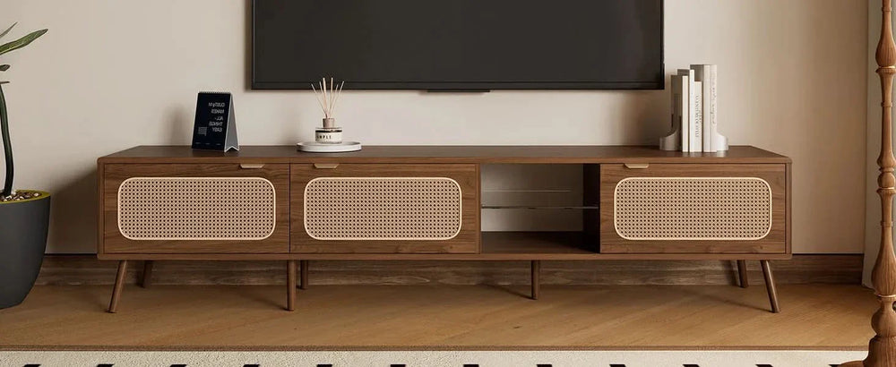TV Stand Walnut Wood & Glass Storage Mid-Century Entertainment Console Media 27